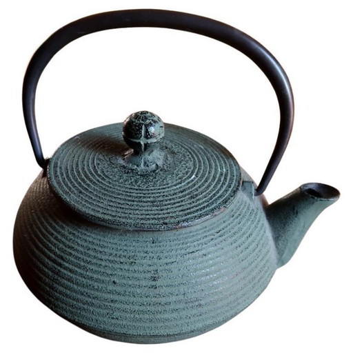 Teiera vintage in ghisa verde, stile giapponese Tetsubin, a coste - 2C32