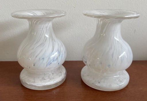 Guldkrokens Glashytta HJO - Two hand-blown white glass candlesticks