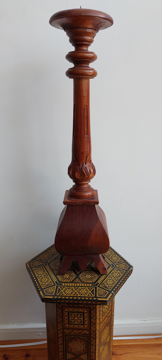 Image 1 of Large Candlestick - Wood - Hand Carved Asia - - 1950-1960