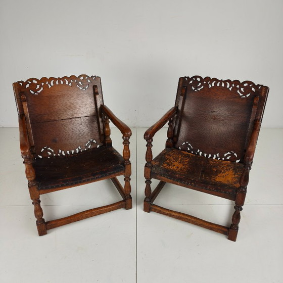 Pair of English Antique Jacobean Monk Armchairs / Tables by F. Parker & Sons Ltd – Wood, Leather (photo 11 of 16)