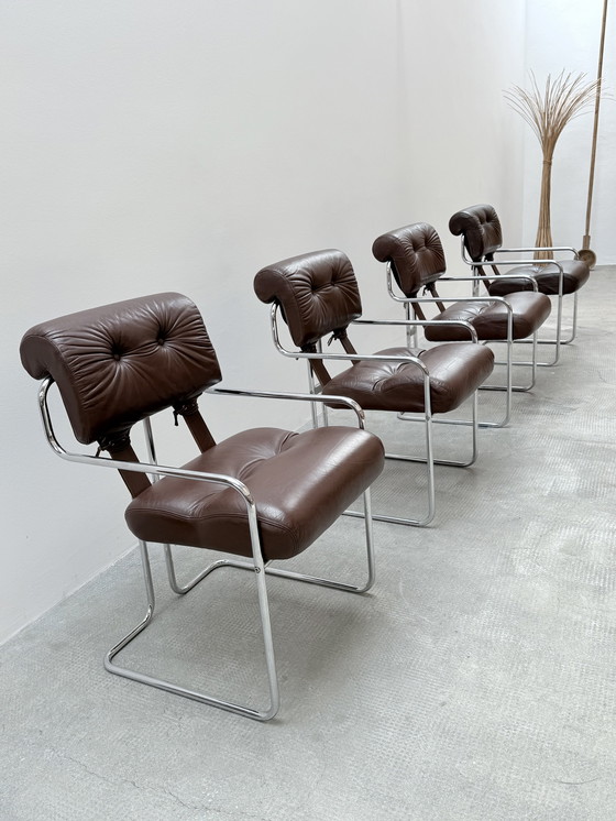 Image 1 of Set of 4 Guido Faleschini for i4Mariani 'Tucroma' chairs leather brown chrome, Italy 1970s