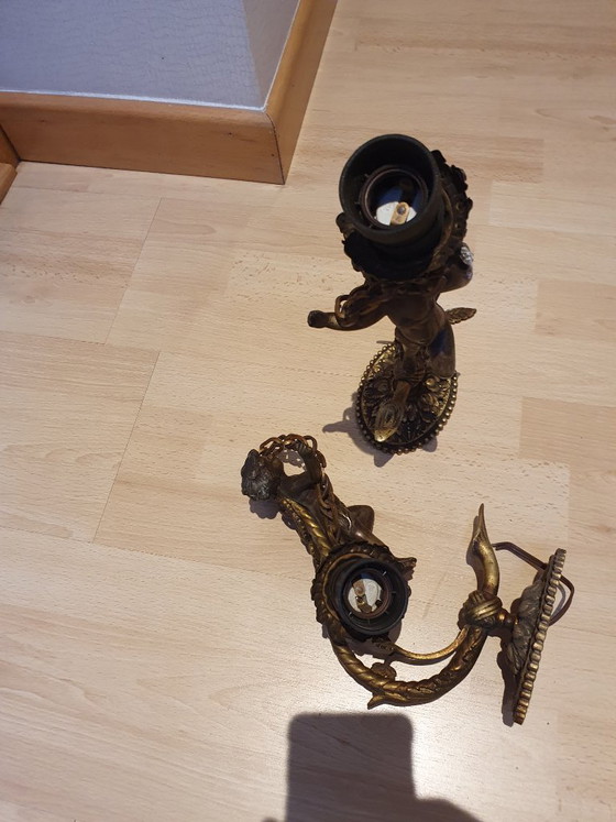 Paar antieke wandlampen met cherubijnen - messing/brons – Bronze, Metal (photo 5 of 9)