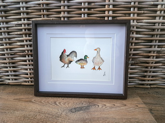 Image 1 of Watercolor painting farm birds in frame