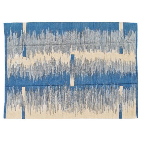 Alfombra Kilim tejida a mano | Diseño Ikat azul moderno | Lana de tejido plano sobre algodón (97 × 72 – Wool (photo 4 of 9)