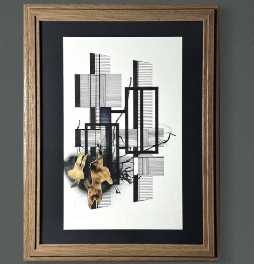 Eugène Eechaut (1928-2019) - ingelijste inktcompositie met collage, 1987