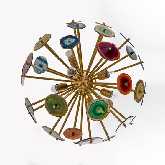 Image 1 of Plafonnier « Sputnik » de conception italienne avec sections en pierre d'agate et laiton