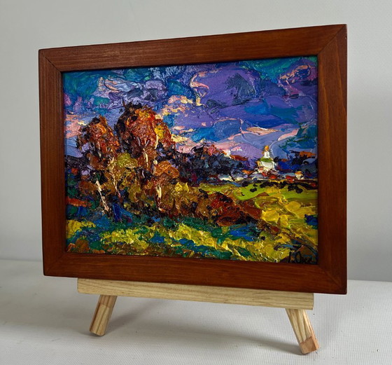 Image 1 of Original Oil Painting Evening Church Landscape Autumn breeze in the forest