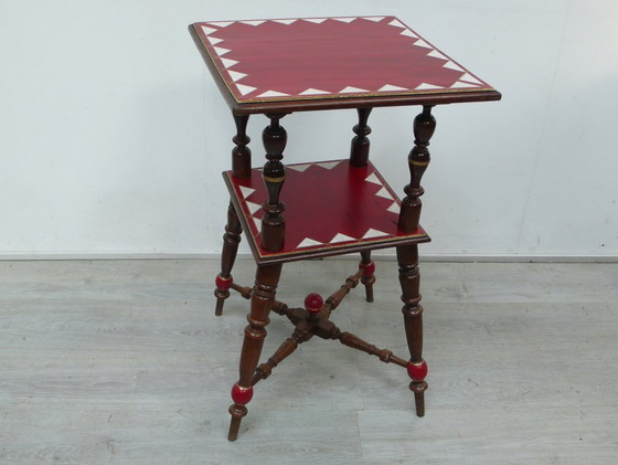 Image 1 of Side table high with shelf Art Nouveau, dark walnut + shabby red + ivory-cream pattern, around 1900