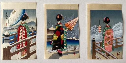 Triptyque - Estampes japonaises authentiques sur bois - Kyoto Maikoes par Hasegawa Sadanobu 1950