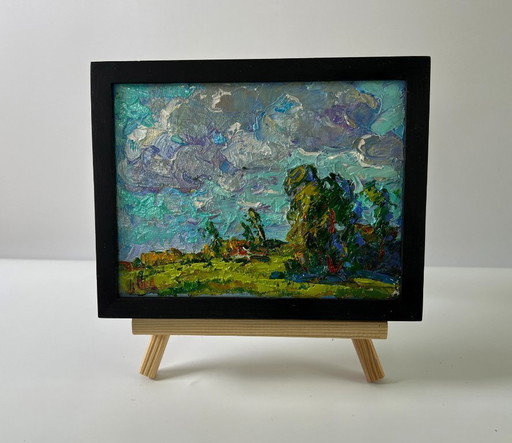 Originales Ölgemälde Sommerliche Naturlandschaft mit schwebenden Wolken – schilderijen tekeningen, Canvas