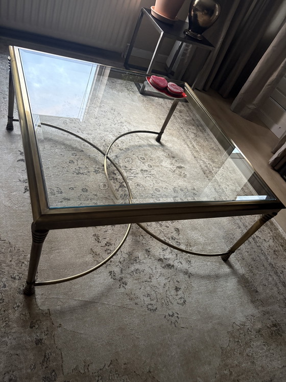 Table basse Vintage Hollywood Regency – style Maison Jansen – Laiton & Verre biseauté – Tables basses, Brass (photo 4 of 5)