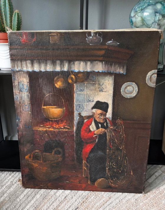 Dipinto ad olio raffigurante un pescatore intento a riparare una rete, firmato Hansen, 60 × 50 cm, vintage (photo 12 of 12)