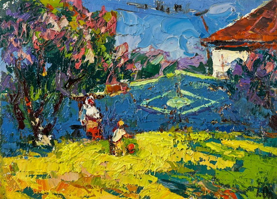 Image 1 of Original Oil Painting Summer Village Landscape Day beneath the sky