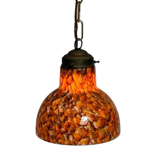 Art Déco - Suspension pédante - Plafonnier - Forme ovale - Suspension par chaîne, baldaquin assorti - marron et orange