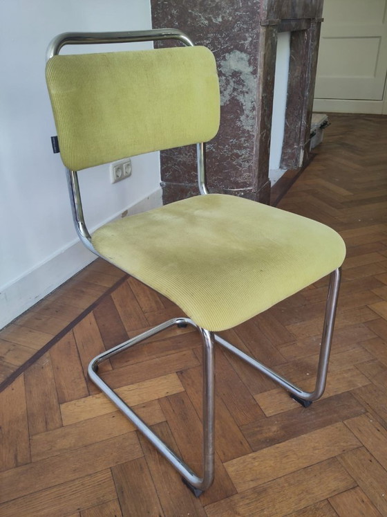 Image 1 of Set van 6 Dutch Originals Gispen Buisframe Eetkamerstoelen (zwart, groen, grijs/blauw)
