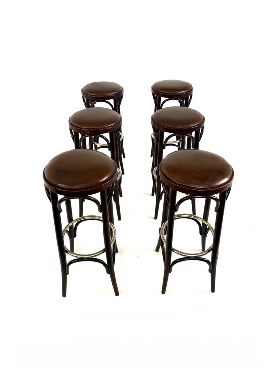 Image 1 of 6x vintage barkruk bentwood & leer ‘80
