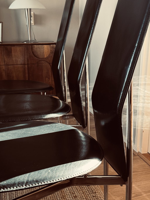 Set of 6 "S44" Leer en Chromen Design Stoelen door Gualtierotti en Vegni voor Fasem (1980s)