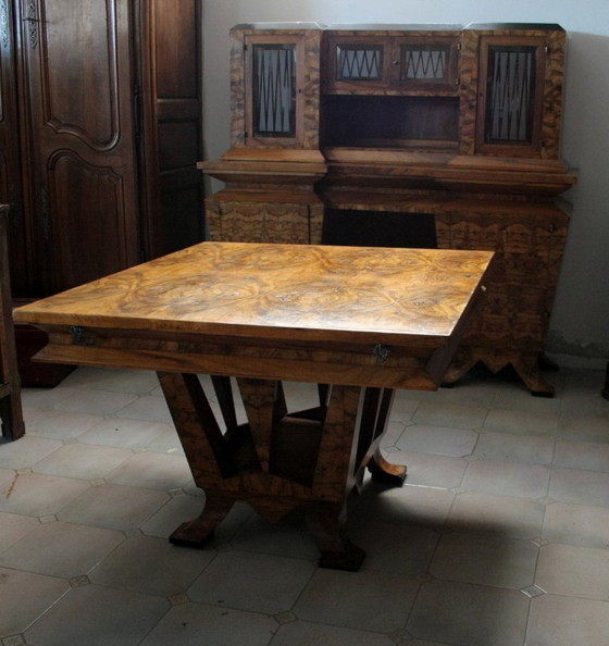 Image 1 of Table de salle à manger Art Déco, bois d'olivier, Italie, Rome, design unique, 1933