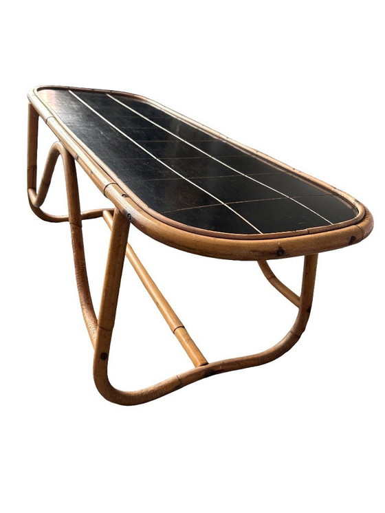 Image 1 of Vintage Bamboo Coffee Table with Black Plastic Top