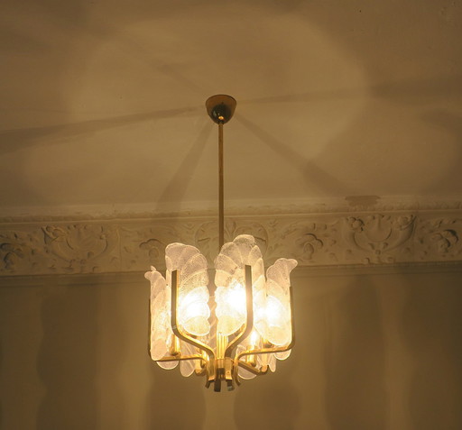 Acanthus Leaf Chandelier in Brass and Glass by Carl Fagerlund for Orrefors, 1960s