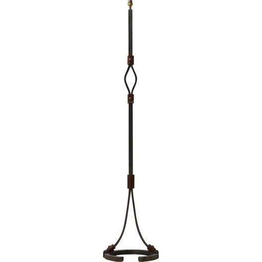 Lederen en ijzeren vloerlamp uit de Mid Century van Jean-Pierre Ryckaert, Frankrijk 1950
