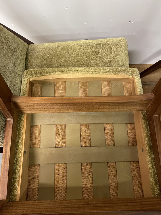 Image 1 of Juego de 4 sillas de comedor de diseño de mediados de siglo, madera maciza y tapizado original.