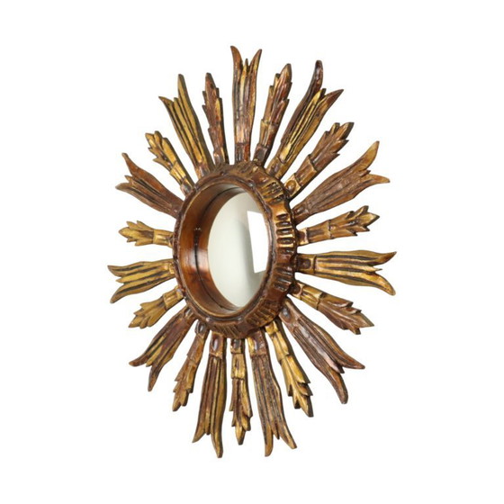 Image 1 of Vintage Wooden Sun Mirror Sunburst Gold Fifties 52cm