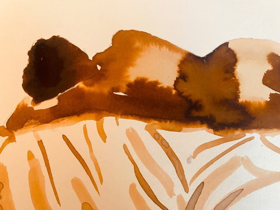 Image 1 of Aquarelle monochrome couleur tabac portrait féminin « sieste au Kenya »