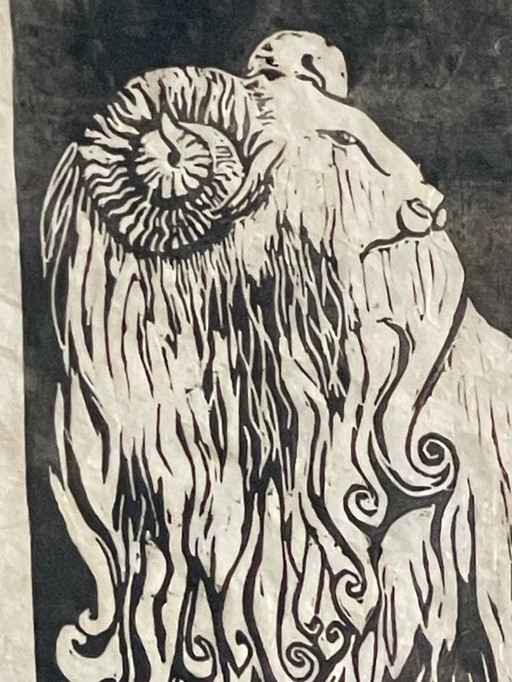 Artiste d'Europe de l'Est, bélier laineux, années 1920-1940, linogravure, signée
