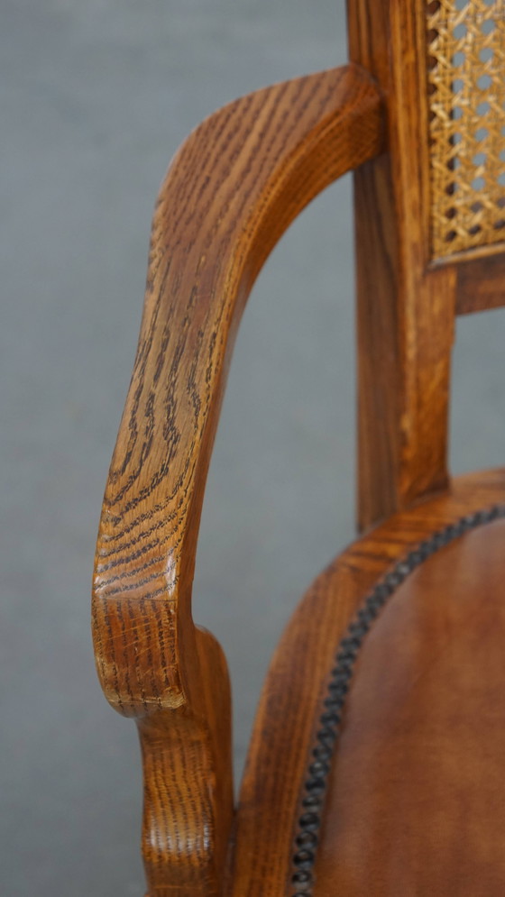 Image 1 of Cognac Colored Leather Office Chair on Wheels with Wood and a Wicker Matted Backrest