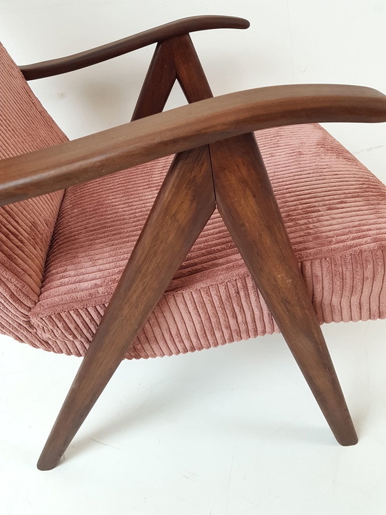 Image 1 of Vintage teak houten fauteuil | fauteuiltje roze nieuw