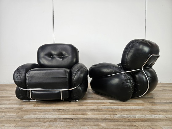Image 1 of Okay Chairs in Black Leather and Tubular Steel by Adriano Piazzesi