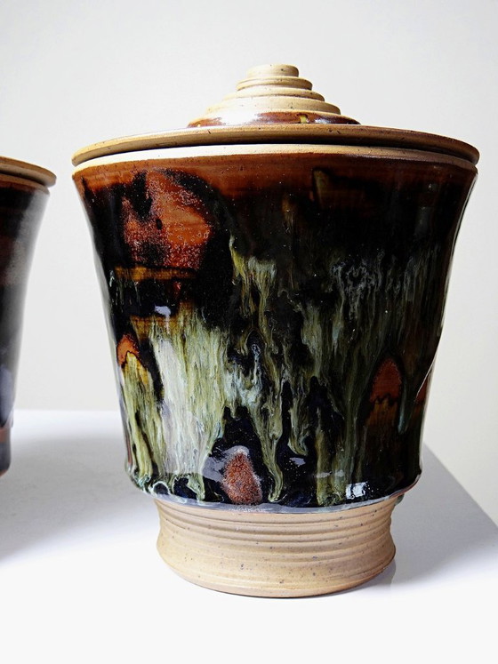 Image 1 of Pair of vintage 80s-90s Japanese-style stoneware pots from Studio Poterie, handcrafted and signed