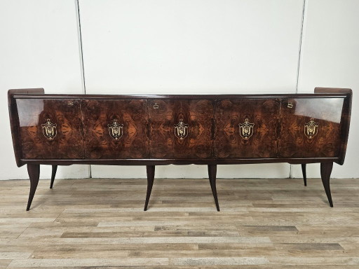 Mid-Century Mahogany Sideboard with Teal Glass and Compartments with Drawers, 1950