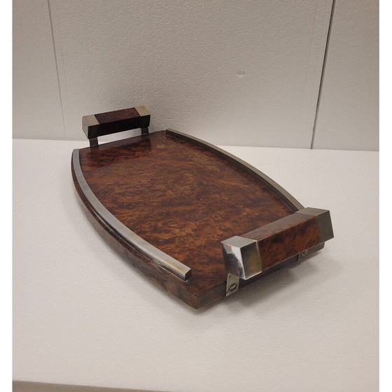 Image 1 of Vintage art deco serving tray in root or lupia wood and chrome steel, France 1930
