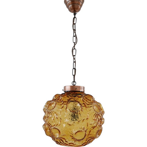 Lámpara colgante vintage de cobre y cristal, Dinamarca, 1970
