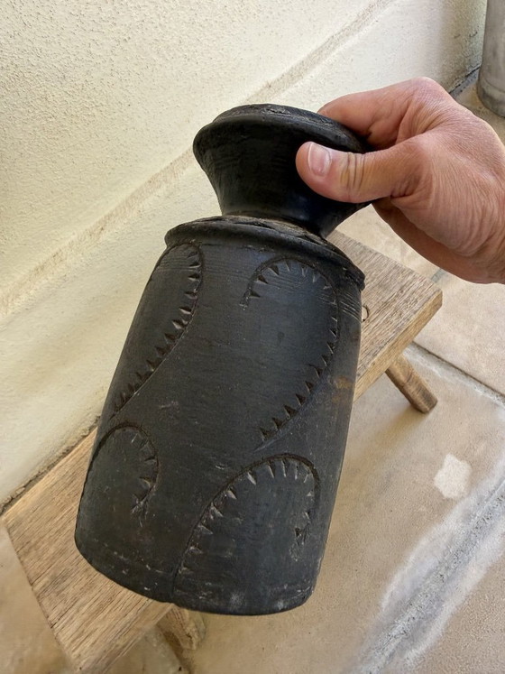 Image 1 of Set of 3 Nepalese Indian pots, carved black wood, tribal & wabi-sabi style