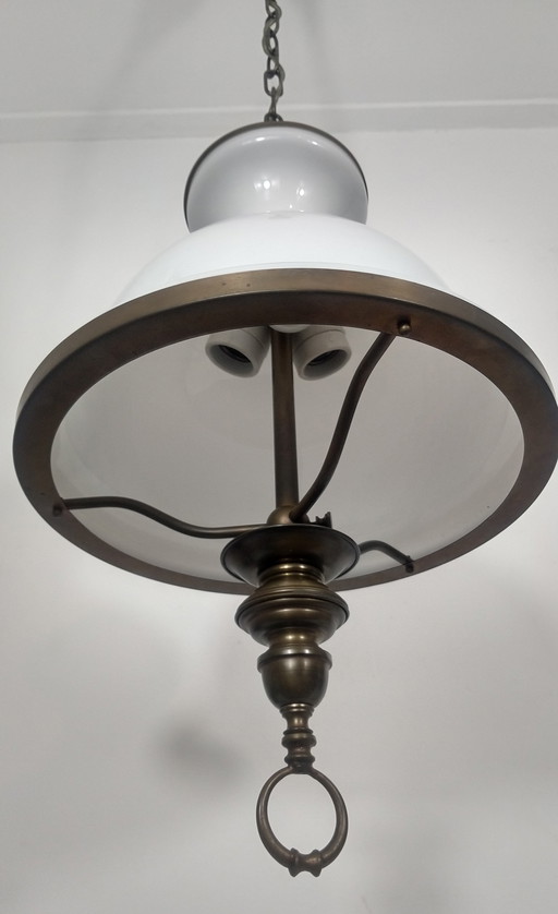 Vintage opal glass pendant lamp with brass and 3 fittings (1960s/70s)
