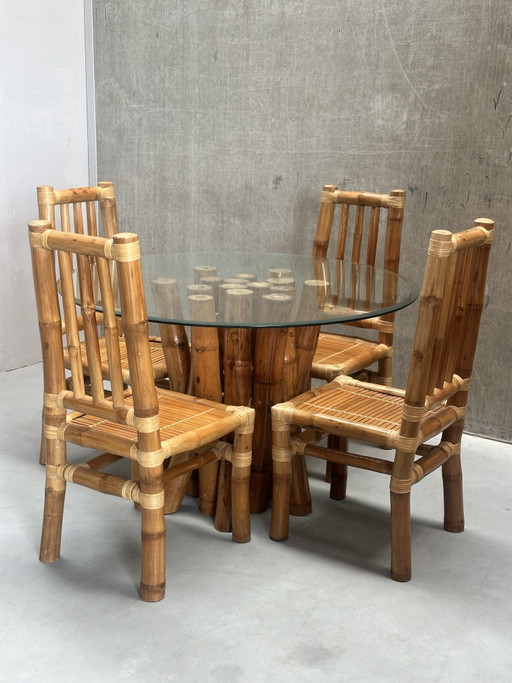 Ensemble de salle à manger bohème vintage en bambou – eetkamerset, Bamboo, Glass