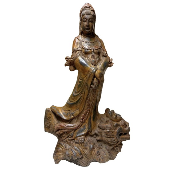 Guanyin monumentale in legno antico su drago - 81 cm - Dinastia Qing – Sculture, Wood (photo 3 of 10)