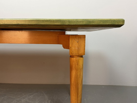 Image 1 of Tavolo da pranzo in faggio di metà secolo con piano in vernice trasparente verde tenue, anni '80.