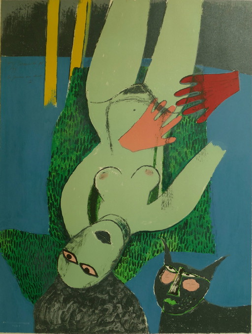 Corneille - signierte Lithographie - Frau mit Katze