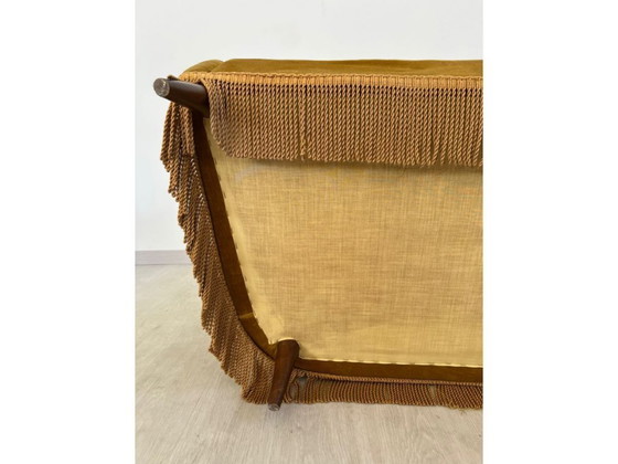 Image 1 of Two-seater sofa with fringes in ochre velvet (1960s)