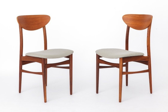 Image 1 of Vintage Danish Teak Dining Chairs, Set of 4, 1960s Scandinavian Mid Century Chairs, Newly Upholstered Light Grey Seats, Denmark