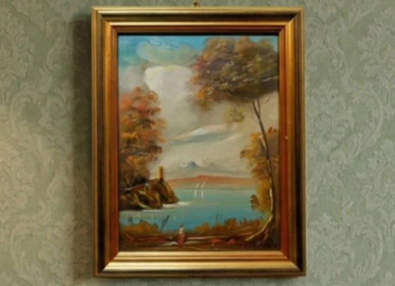ANTICO DIPINTO SU TAVOLA SCENA 800, Dipinti e disegni, Legno, Tela, Blu, Figuratief (foto 2 di 5)
