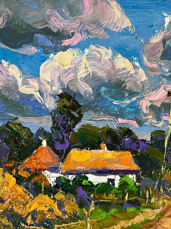 Image 1 of Peinture à l'huile originale Paysage rural Maison Rues de village d'été