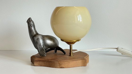 Image 1 of Art Deco Sea Lion Lamp Metal and Blown Glass France