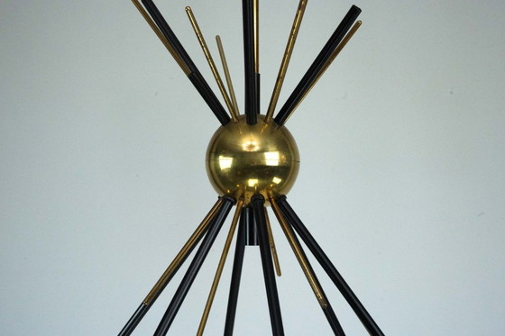 Image 1 of Mid-Century Italian 6-Arm Stilnovo Brass and opaline Glass Chandelier, 1950s