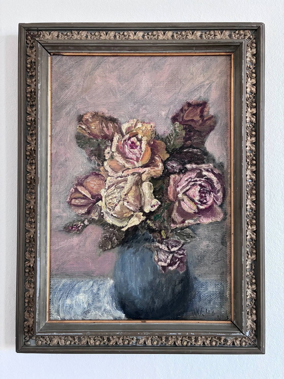 Image 1 of Vintage original flower oil painting, flower still life art