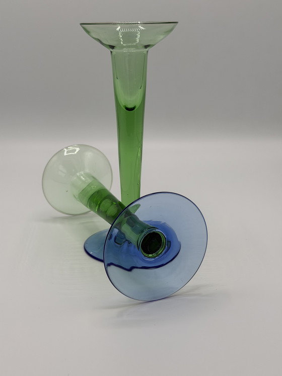 Image 1 of Holmegaard vintage set of designer glass candlesticks – green/blue
